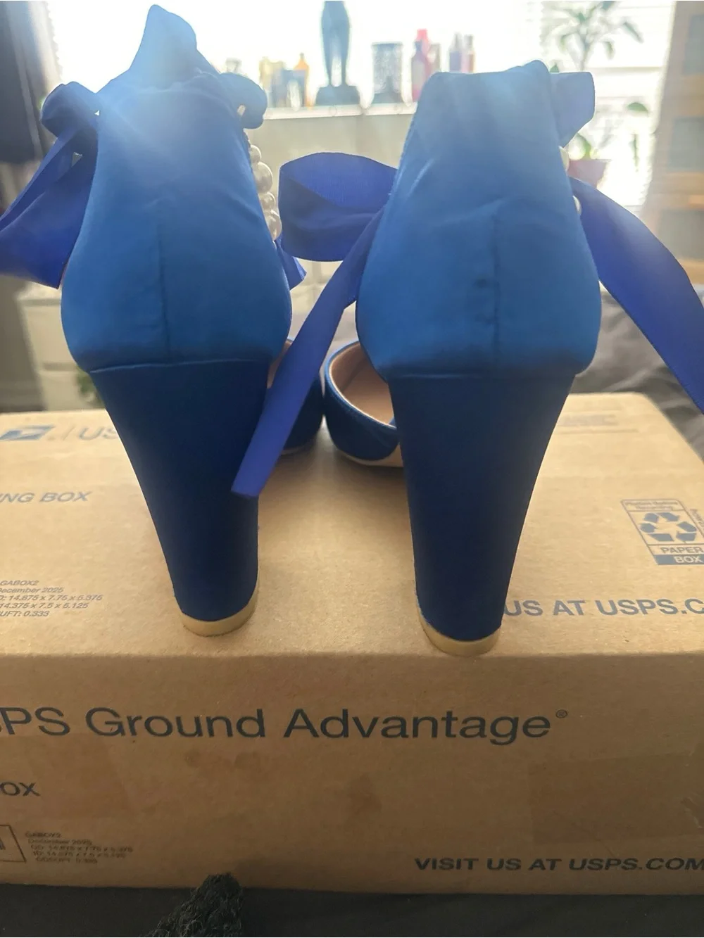 Royal Blue Satin Block Heels with Pearl Strap & Wrap-Around Ribbon Tie – Size 41